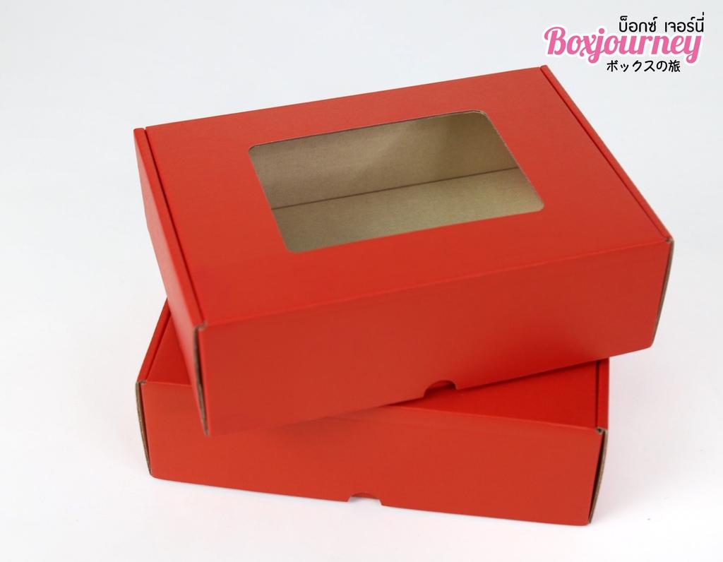 กล่องลูกฟูกพรีเมี่ยม  มีหน้าต่าง สีโฮรี่เรด 14x20x6 cm.