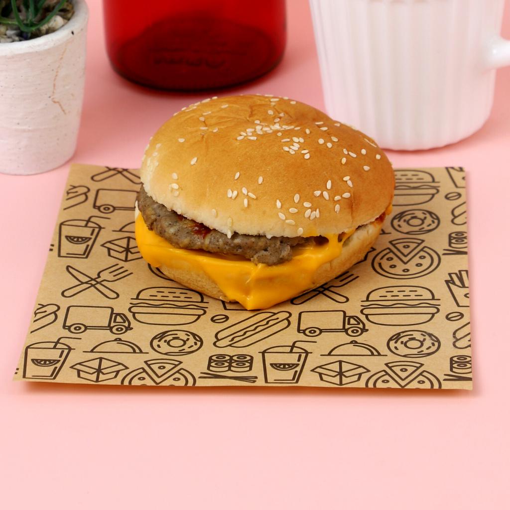 กระดาษรองอาหาร 6x6นิ้ว ลาย burger สีน้ำตาล