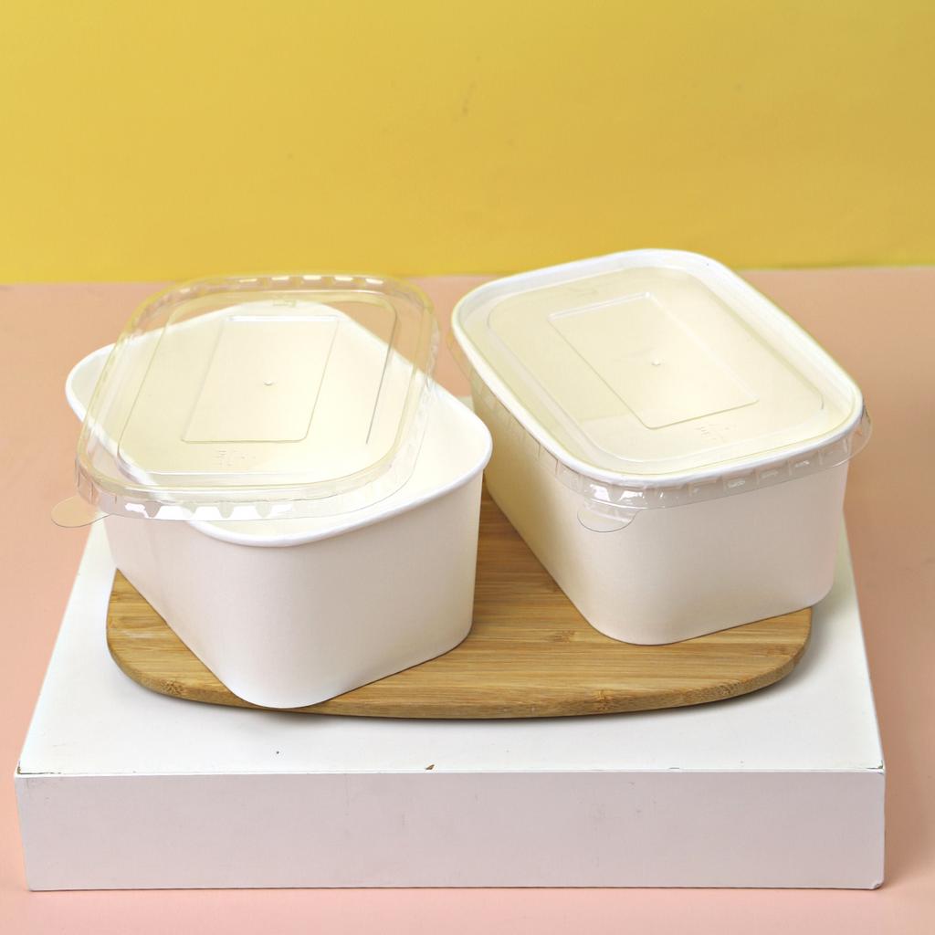 กล่องอาหารสีขาววงรี ฝาพลาสติก