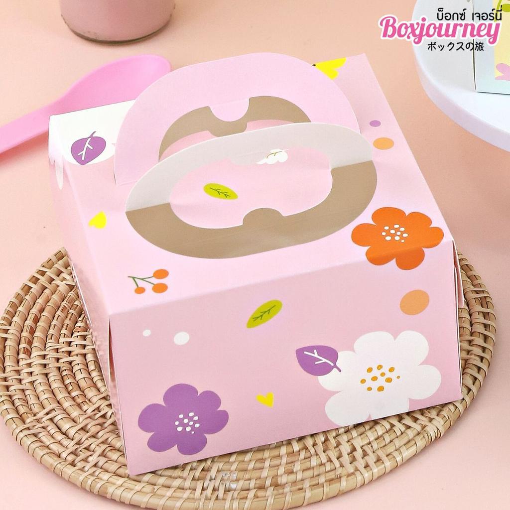 Small snack box with handle and window , Pink flower design.