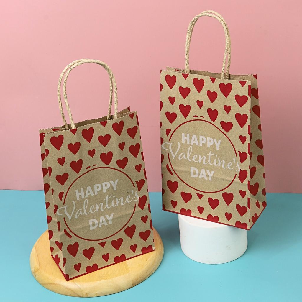 Brown Kraft Twisted Handle Paper Bag Red heart print HAPPY 14x7X21.50 cm.