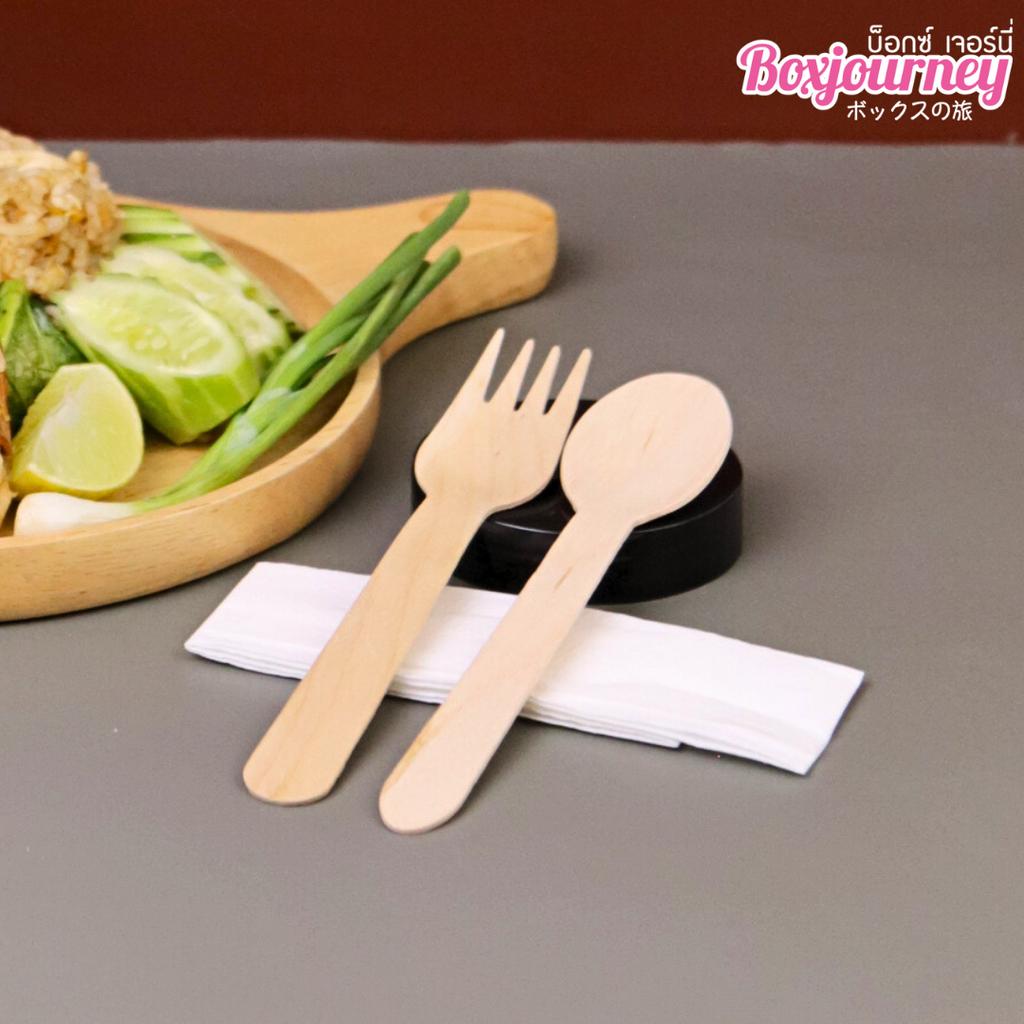 Set ช้อน+ส้อมไม้ พร้อมทิชชู่  ยาว 16 ซม. (บรรจุซองคราฟท์)