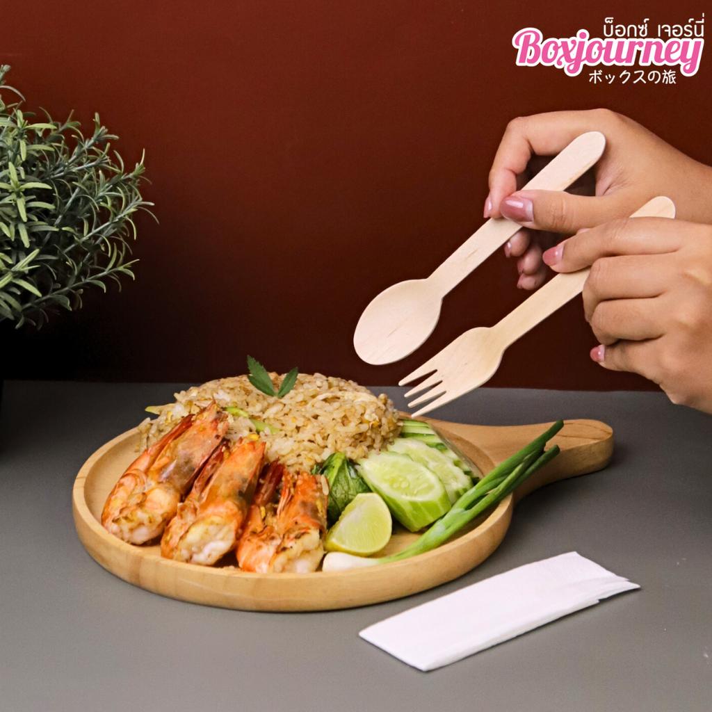 Set ช้อน+ส้อมไม้ พร้อมทิชชู่  ยาว 16 ซม. (บรรจุซองคราฟท์)