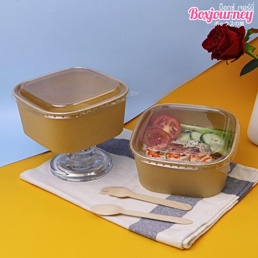 กล่องอาหารกระดาษคราฟท์ ทรงสี่เหลี่ยม1,400 ml พร้อมฝา PET