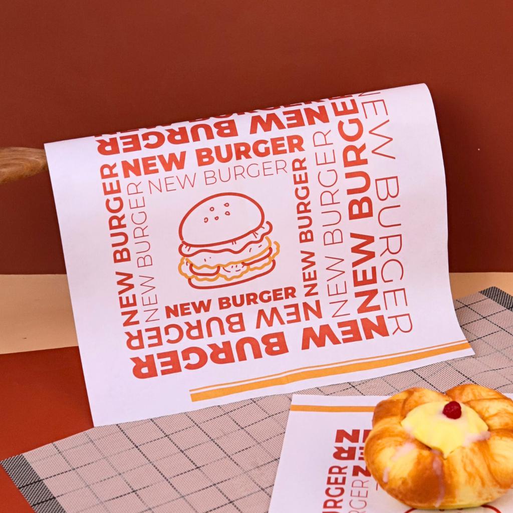 กระดาษห่อแฮมเบอร์เกอร์ ลายออเรนจ์ NEW BURGER 30×30 ซม. (ไม่เคลือบ)