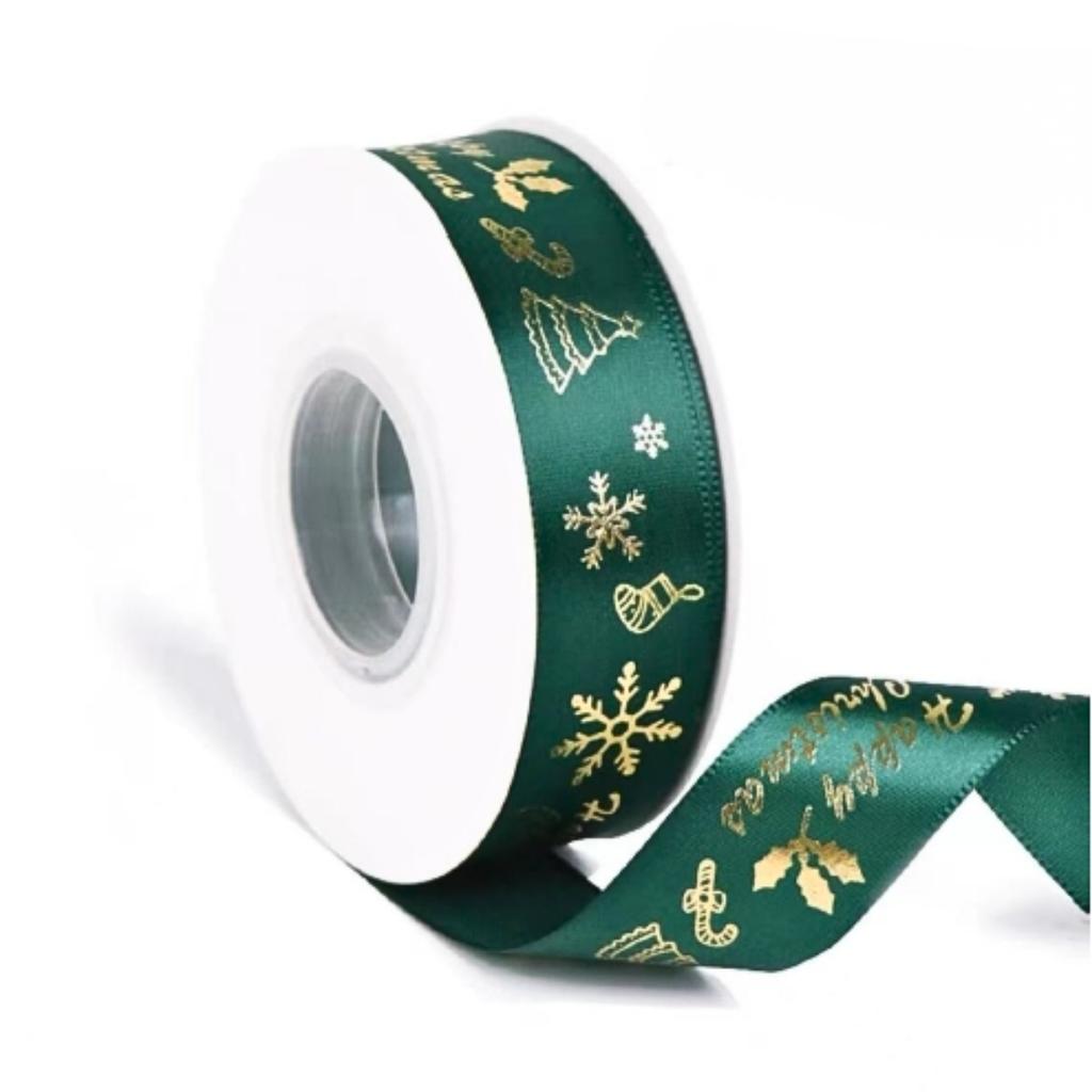 ริบบิ้นลายคริสต์มาส สีเขียว 02 ขนาด 2.5 ซม. x 22.8 เมตร