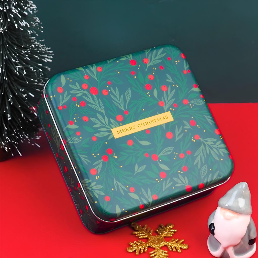 กล่องเหล็กใส่ขนม ลายใบไม้เขียวแดง ขนาด 17 x 17 x 6 ซม.