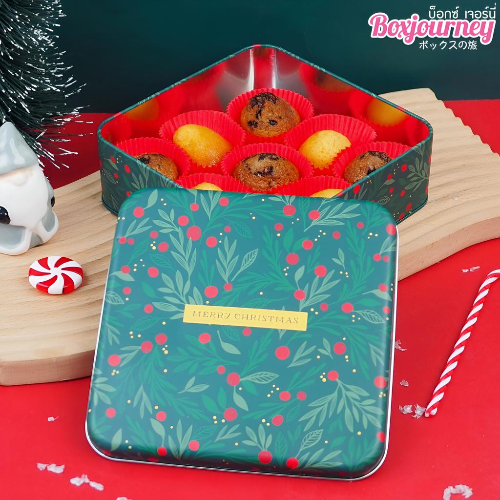 กล่องเหล็กใส่ขนม ลายใบไม้เขียวแดง ขนาด 17 x 17 x 6 ซม.
