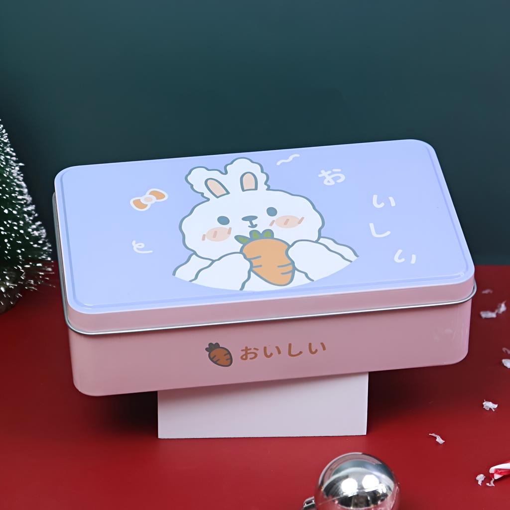 กล่องเหล็กใส่ขนม ลายกระต่ายน่ารัก ขนาด 19 x 11.5 x 5 ซม.