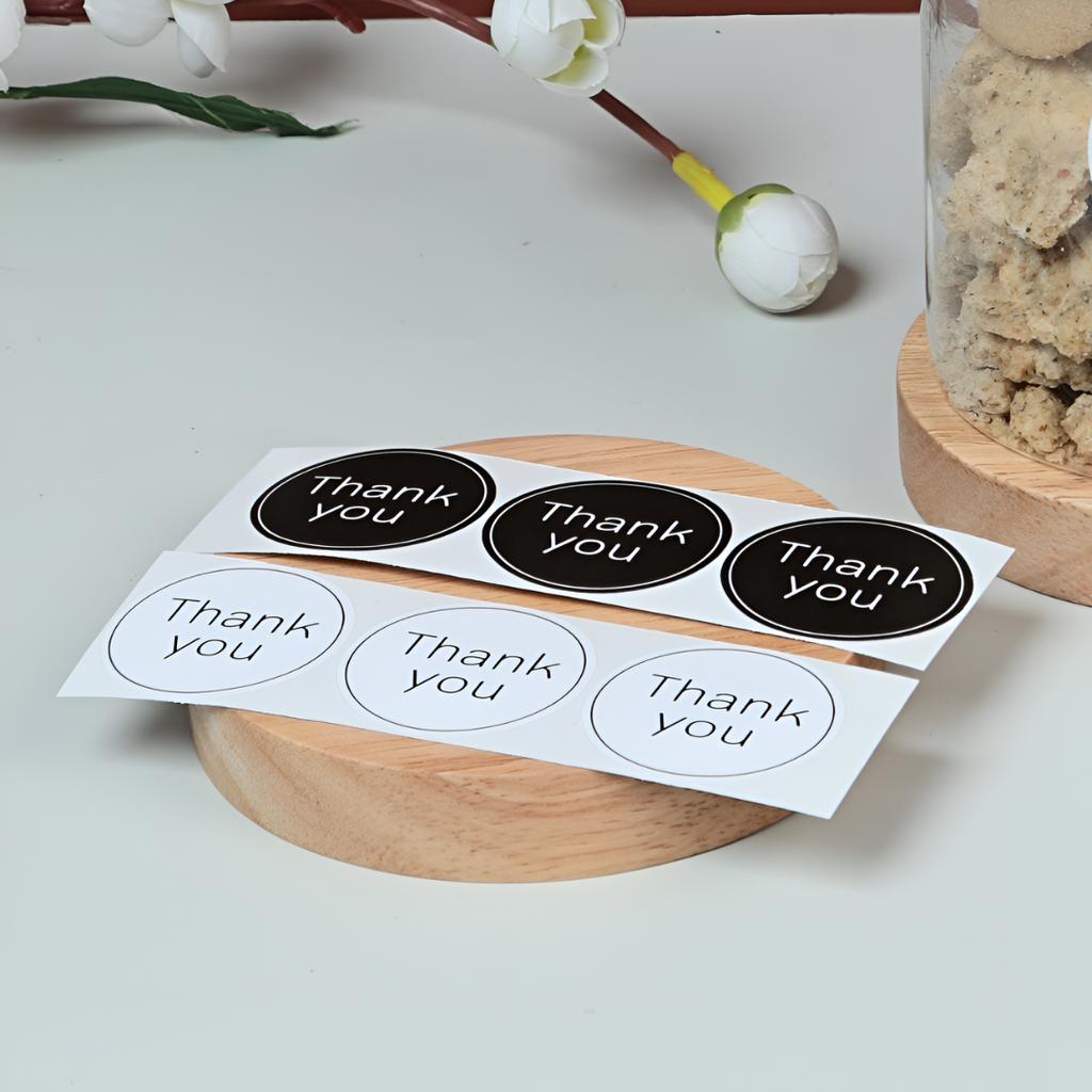 สติกเกอร์วงกลม Thank You สีขาวดำ ขนาด 3.5 ซม. (78 ดวง)