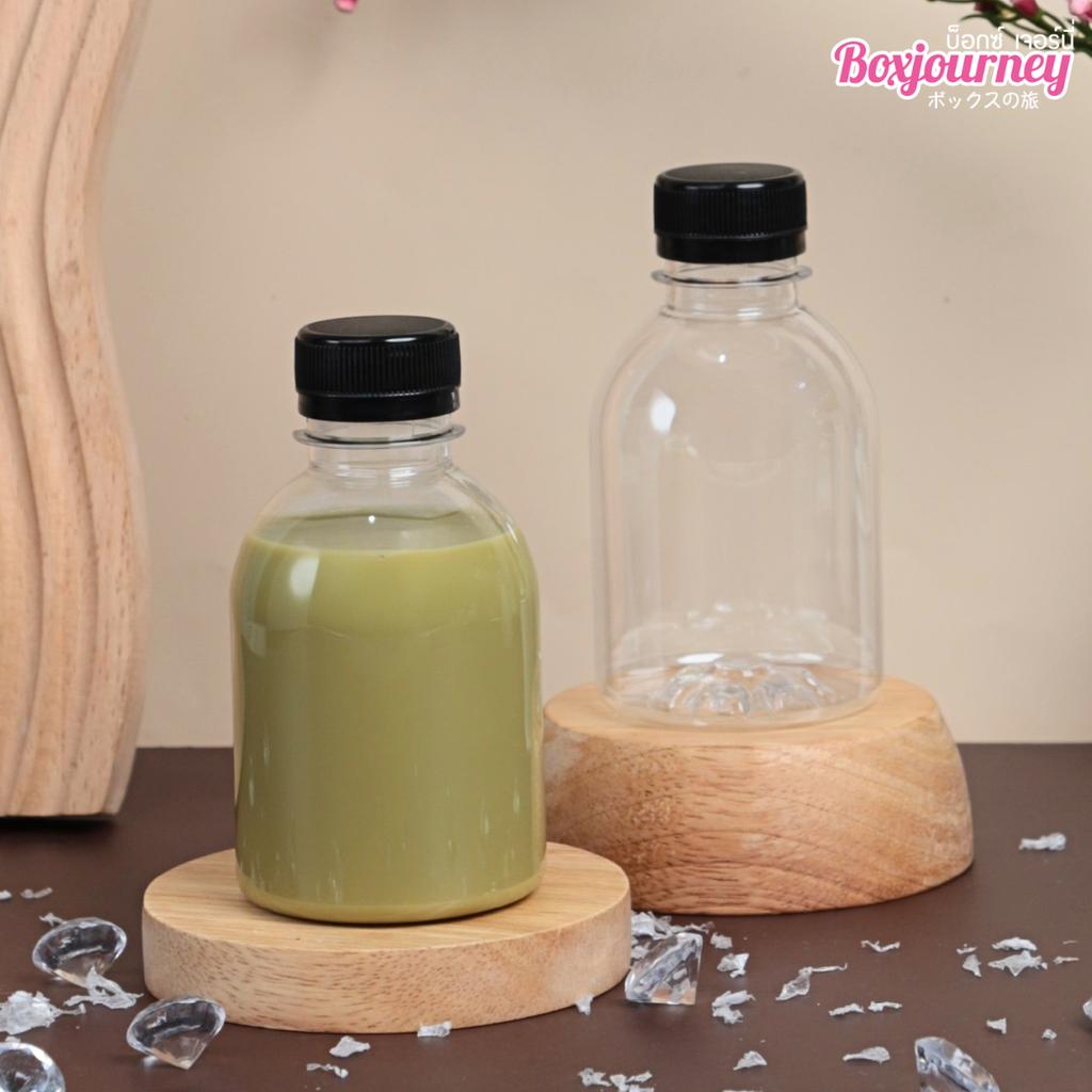 ขวดพลาสติก PET 220 cc. ทรงกลมเรียบเตี้ย  ปาก 30มม.ฝาดำ