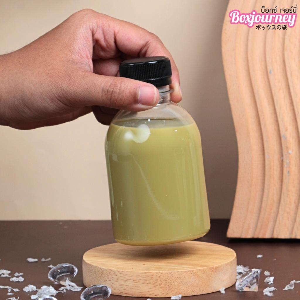 ขวดพลาสติก PET 220 cc. ทรงกลมเรียบเตี้ย  ปาก 30มม.ฝาดำ