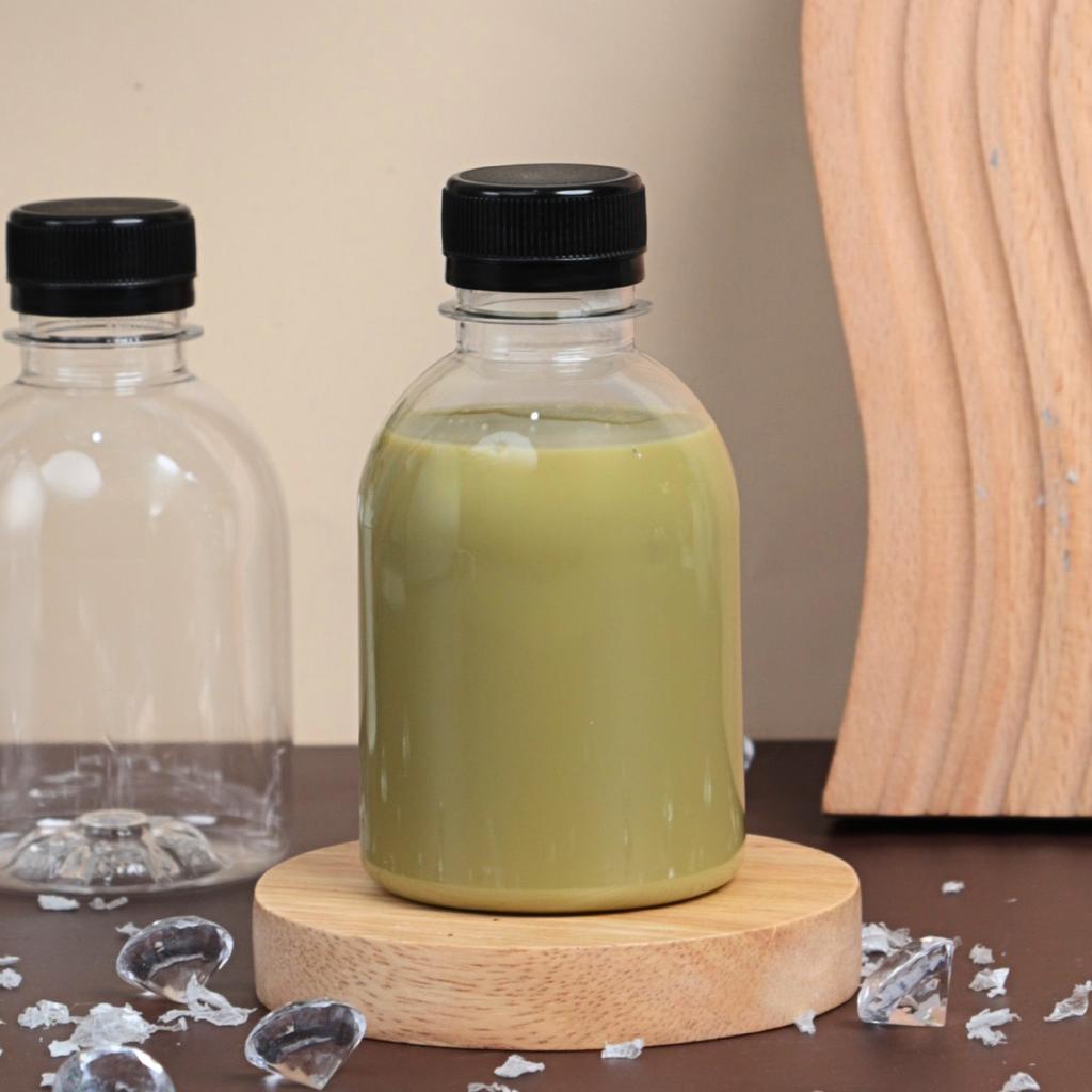 ขวดพลาสติก PET 220 cc. ทรงกลมเรียบเตี้ย  ปาก 30มม.ฝาดำ