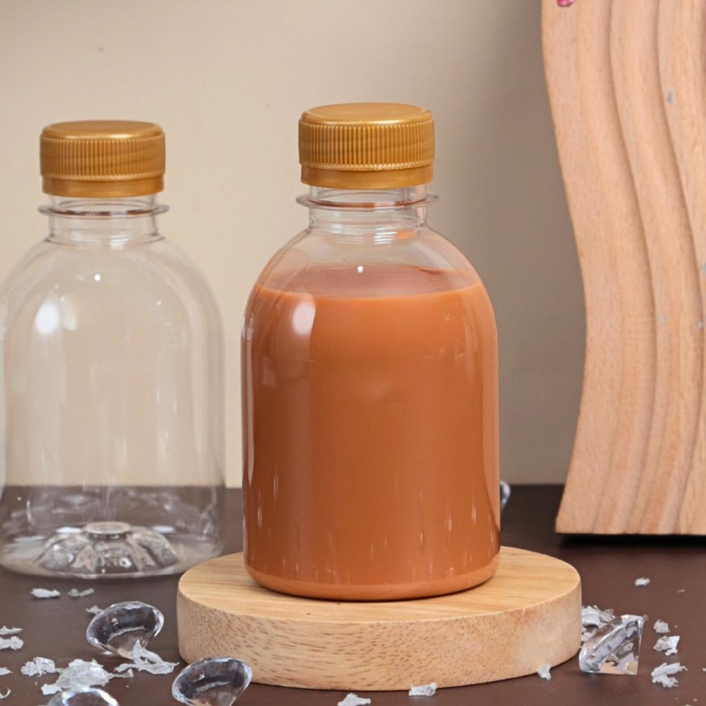 ขวดพลาสติก PET 220 cc. ทรงกลมเรียบเตี้ย  ปาก 30มม.ฝาทอง