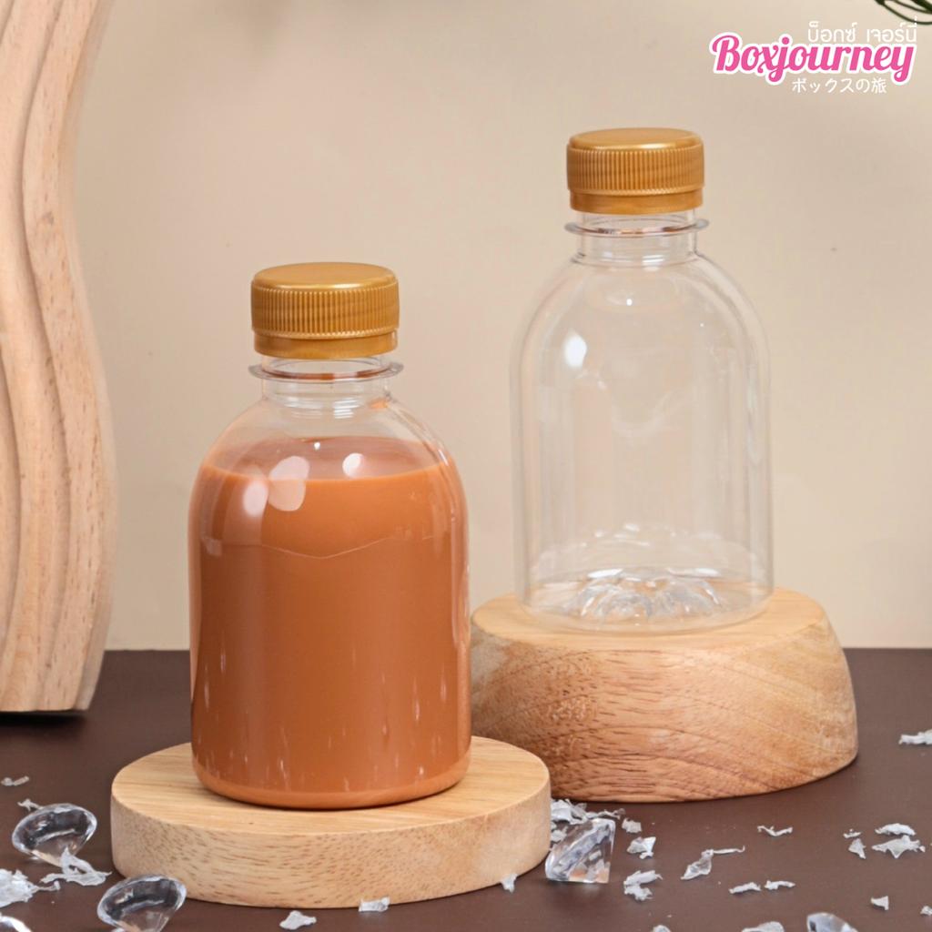 ขวดพลาสติก PET 220 cc. ทรงกลมเรียบเตี้ย  ปาก 30มม.ฝาทอง