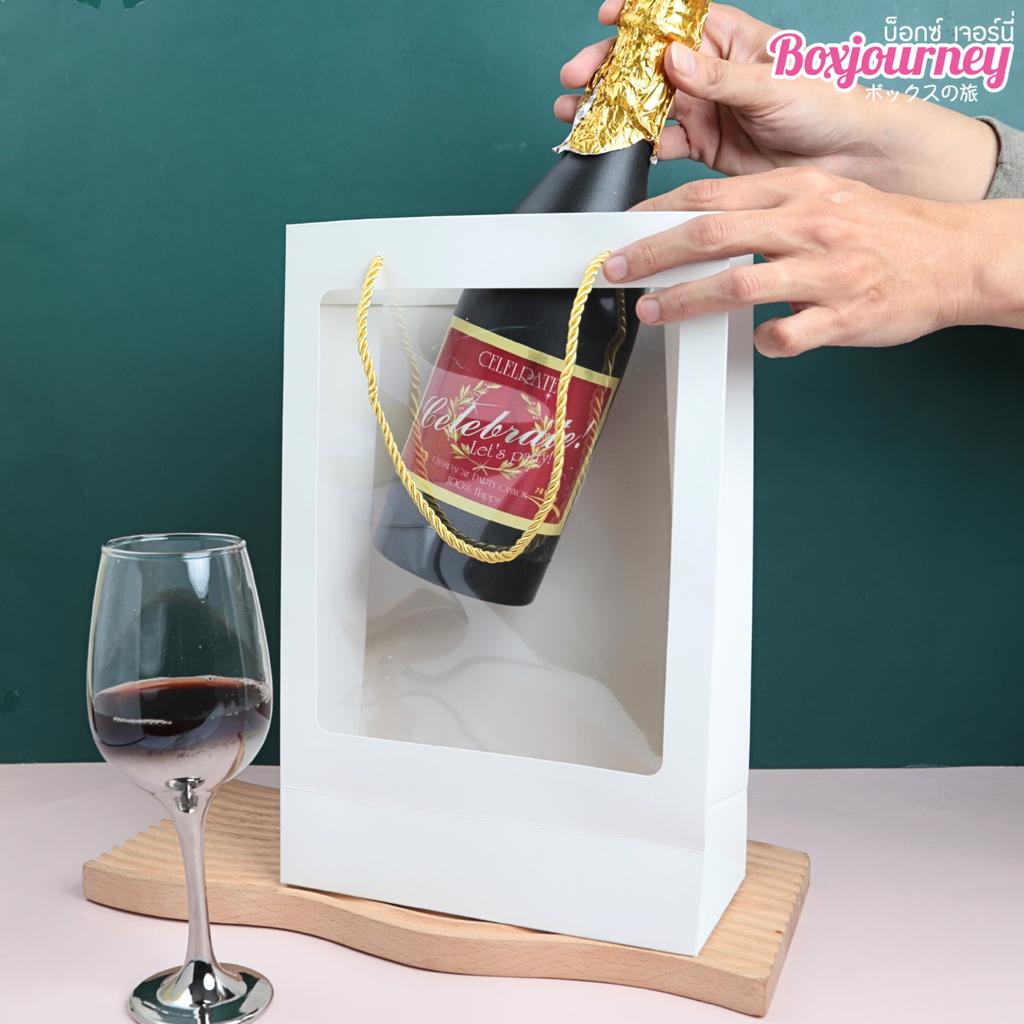 ถุงใส่ขวดไวน์ ขาว มีหน้าต่าง  ขนาด 23x10.5x35 ซม.