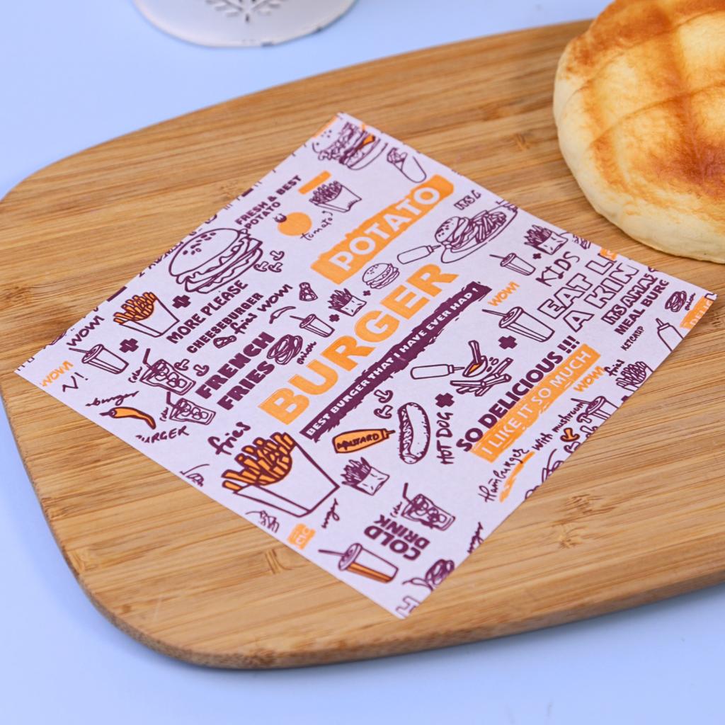 กระดาษรองอาหาร ลายฟาสต์ฟู้ด 12 x 12 ซม. (กันซึม)