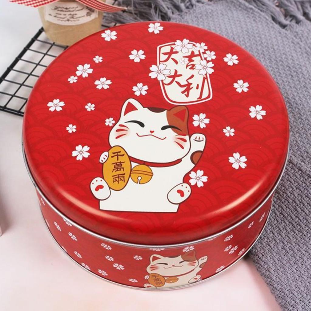 กล่องเหล็กวงกลมใส่ขนม ลาย แมวนำโชค
