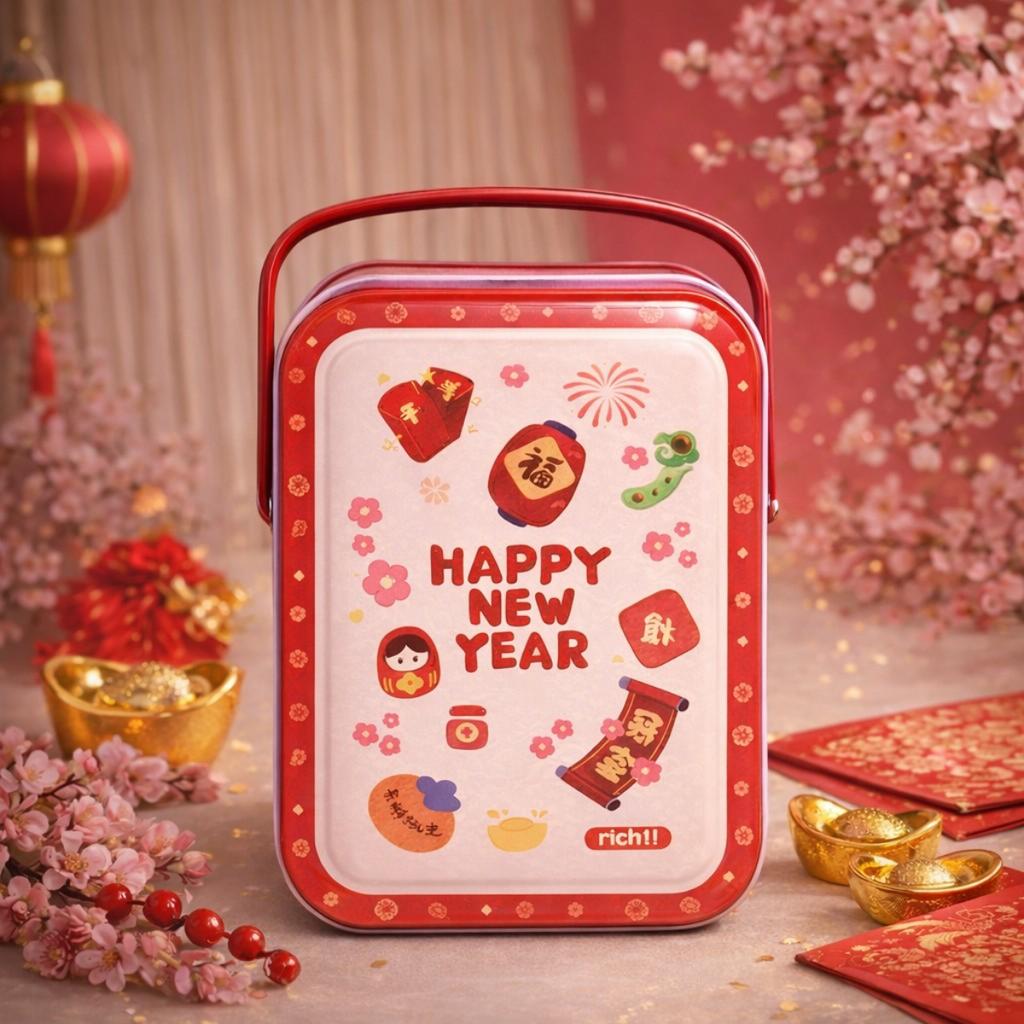 กล่องเหล็กสี่เหลี่ยมใส่ขนม ลาย Chinese New Year 