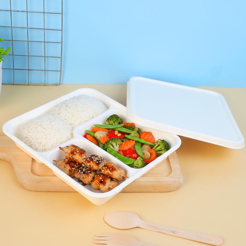 กล่องอาหารชานอ้อย 1000 ml 3 ช่อง พร้อมฝา