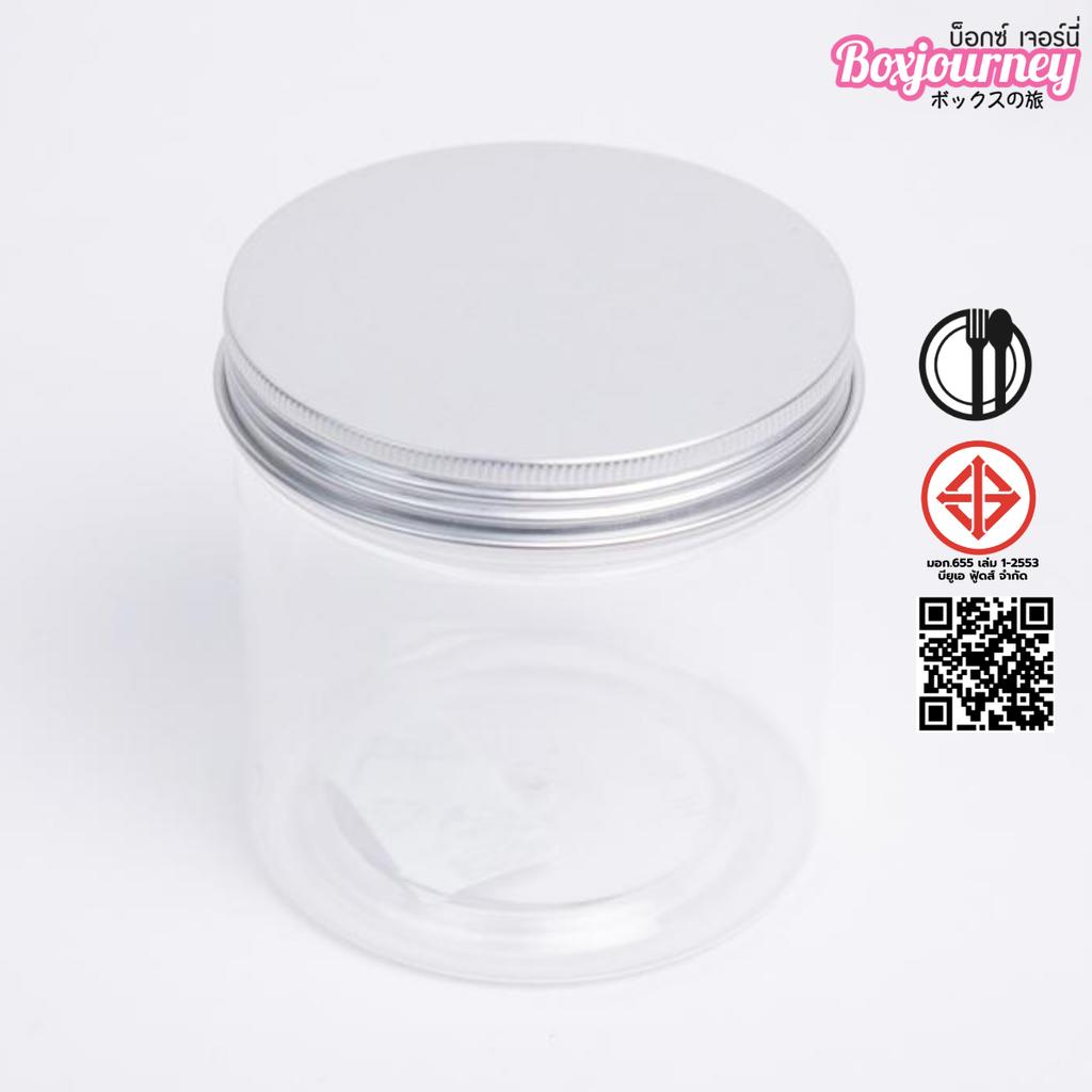PET jar 8.5x8.5 CM. Silver aluminum lid 425ml.