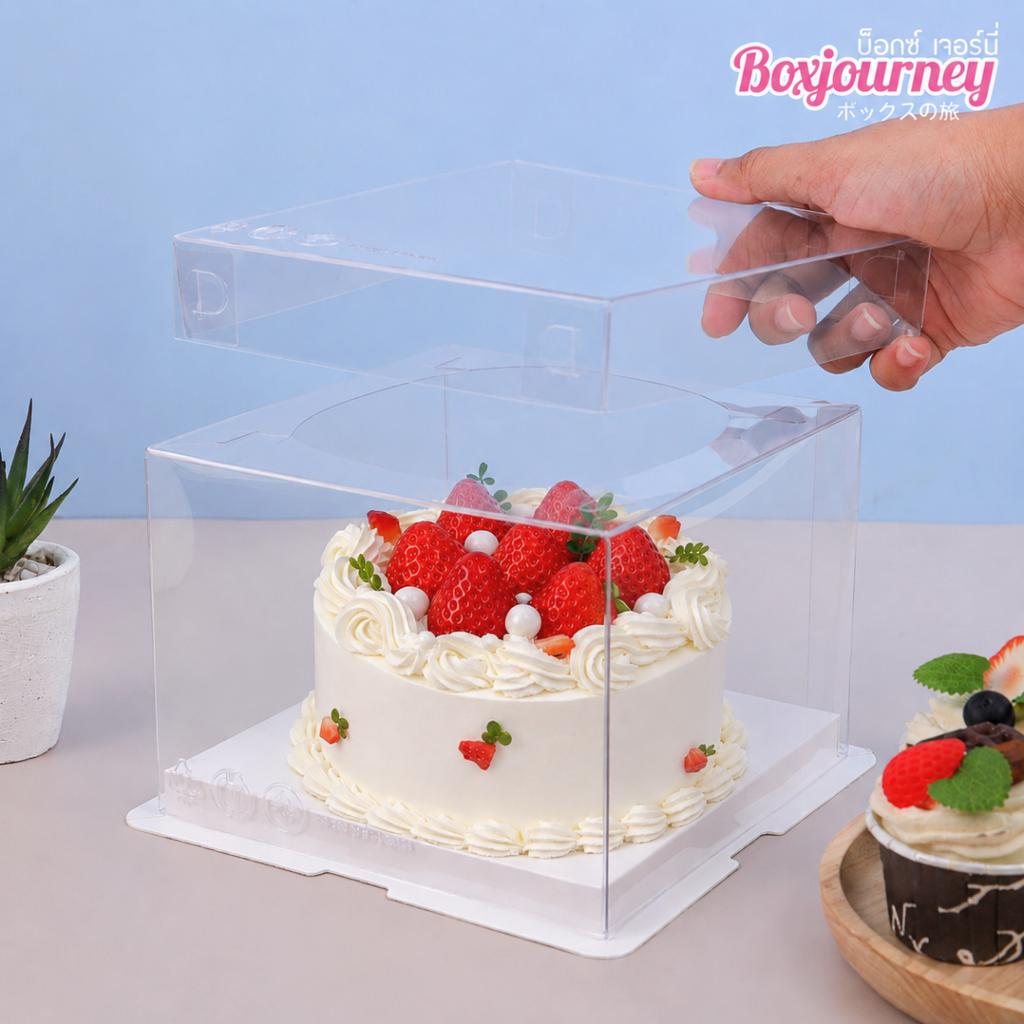 กล่องเค้กพลาสติก ครึ่งปอนด์ทรงเตี้ย ฝาใส ขนาด 15.5x15.5x11 ซม.