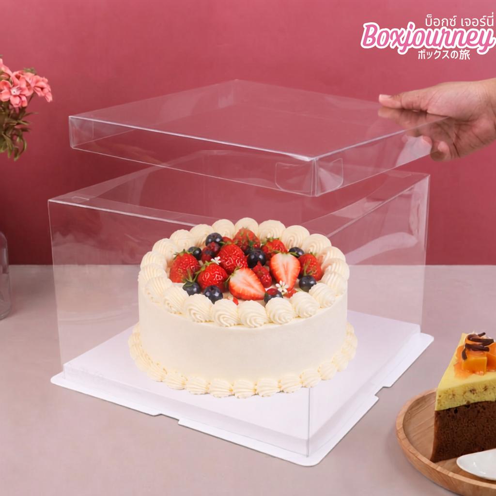 Plastic cake box, 2 pound, low square, clear lid, size 25.5 x 25.5 x 17 cm