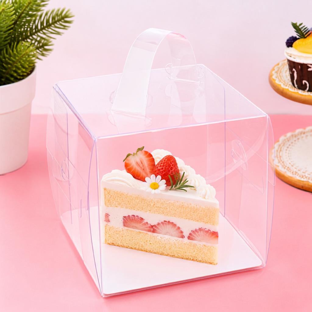 กล่องเค้กพลาสติก แบบสายหูหิ้ว ขนาด 14x14x14 ซม.
