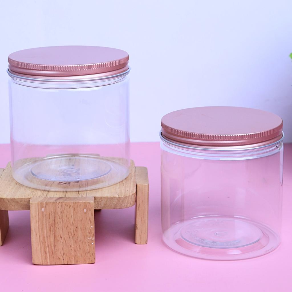 กระปุกพลาสติก PET ขนาด 10 x 10 ซม. ฝาอะลูมิเนียมสีโรสโกลด์ 