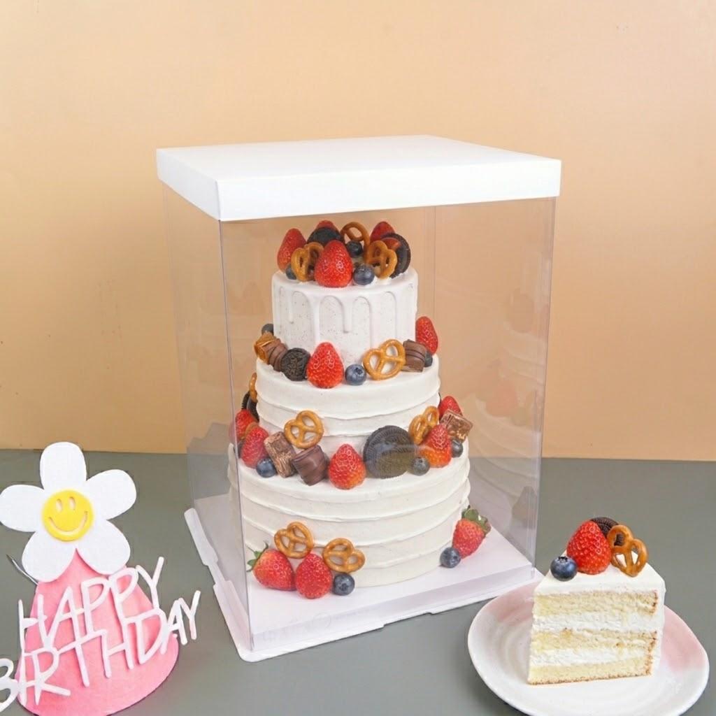 Plastic cake box, 2 lb, tall type, white lid, size 25.5 × 25.5 × 32 cm