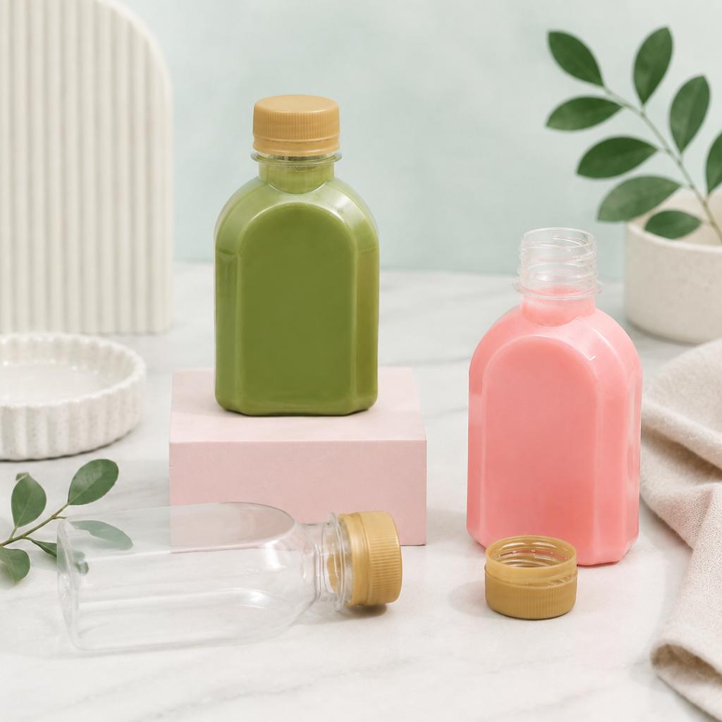PET Bottle 150 cc.Curved Flat, wide neck, 30mm.(Gold Cap)