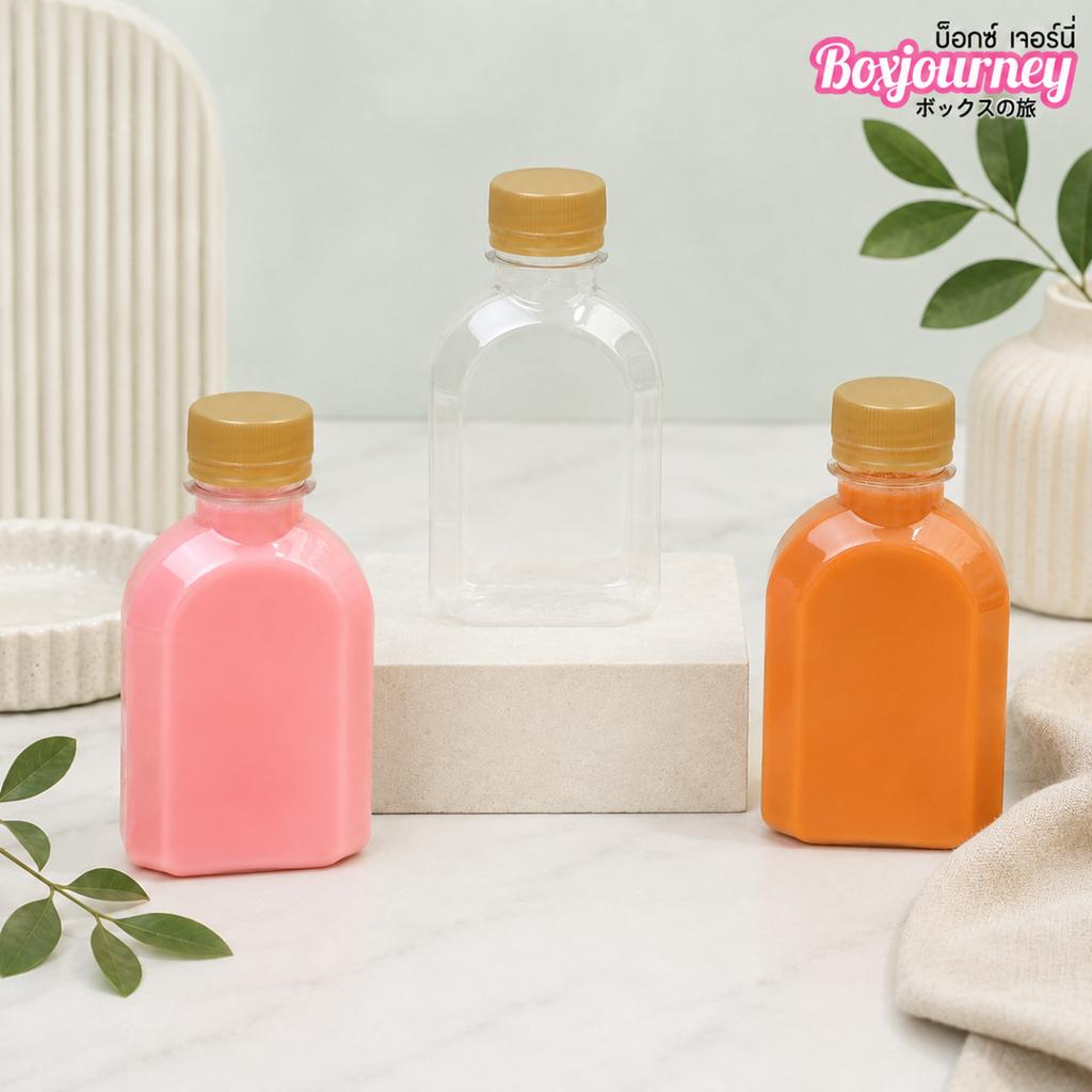 PET Bottle 150 cc.Curved Flat, wide neck, 30mm.(Gold Cap)