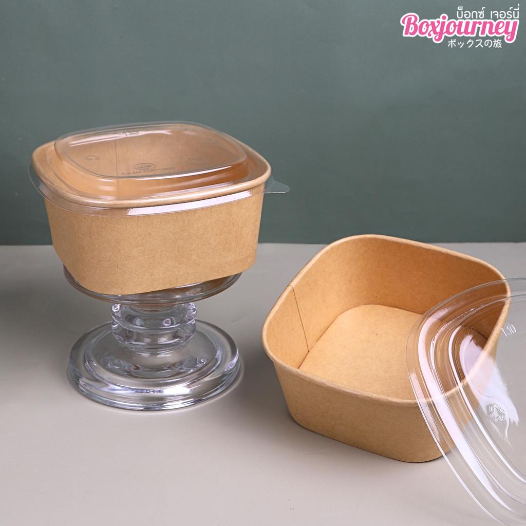 กล่องอาหารกระดาษคราฟท์ ทรงสี่เหลี่ยม650 ml  พร้อมฝา PET