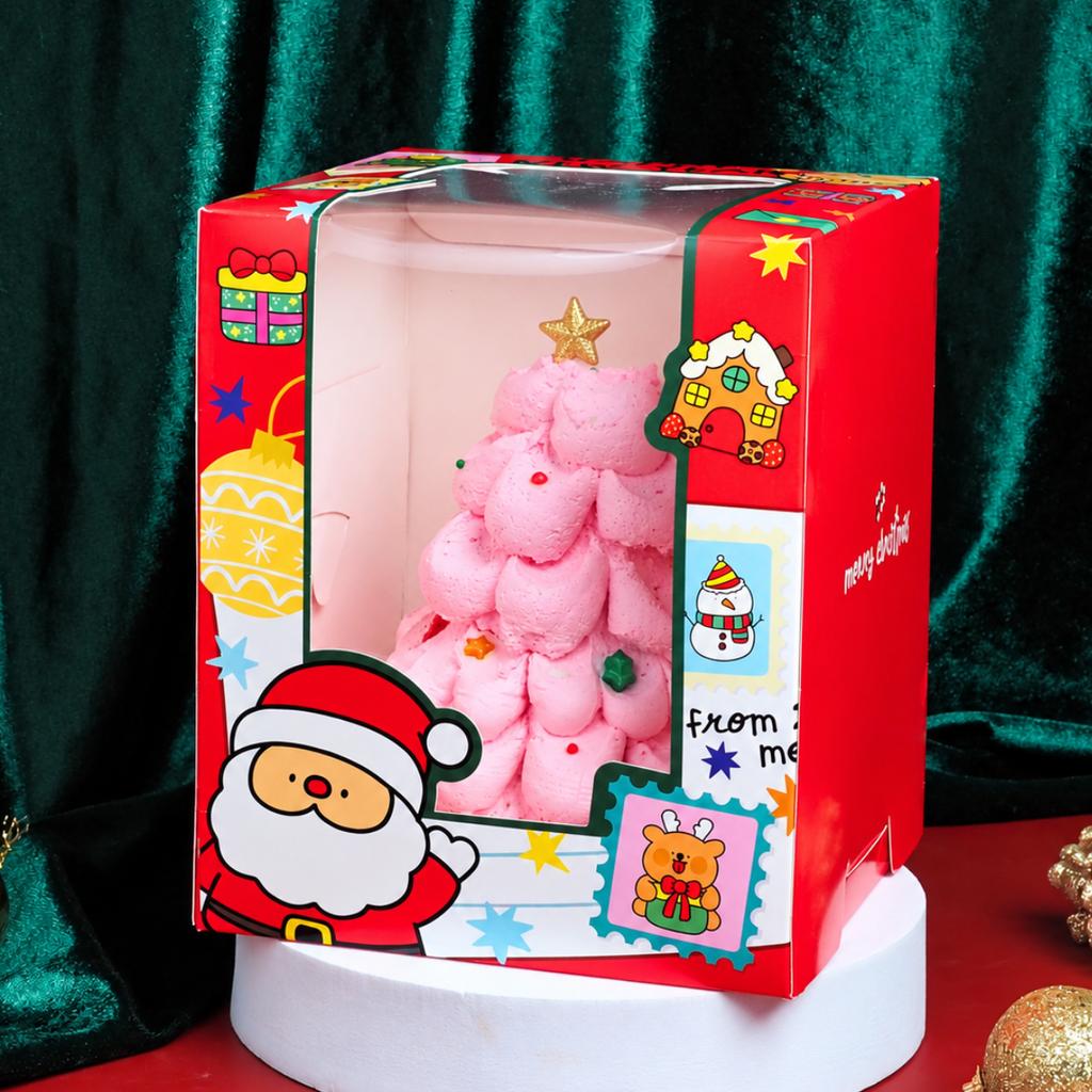 กล่องเค้กครึ่งปอนด์ทรงสูง หน้าต่างวีเชฟ ลาย Dear Santa 15x15x18 ซม.